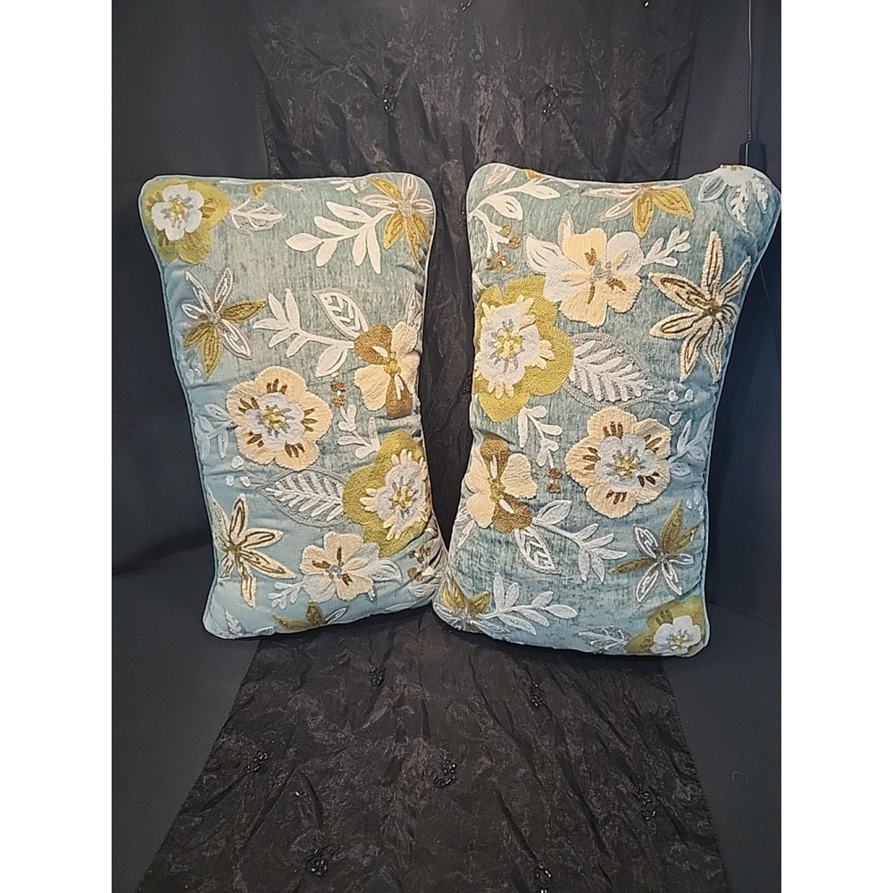 Aqua Velour Throw Pillows Set of 2 Embroidered 24x14 - Picture 6 of 6